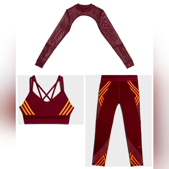 Adidas x Ivy Park Shrug, Strappy Cutout Bra & 7/8 Tights, Maroon/Solar Orange, L - Picture 8 of 9